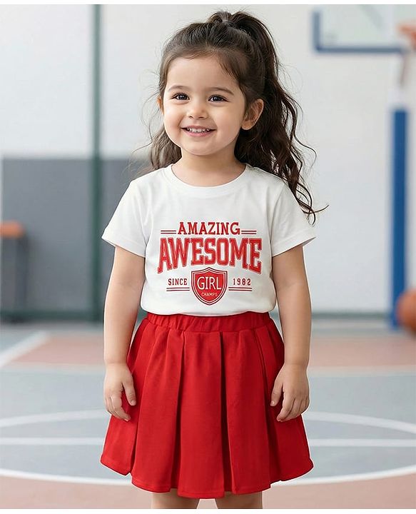 Babyhug Single Jersey Knit Half Sleeves Top & Skirt Set With Text Print - White & Red