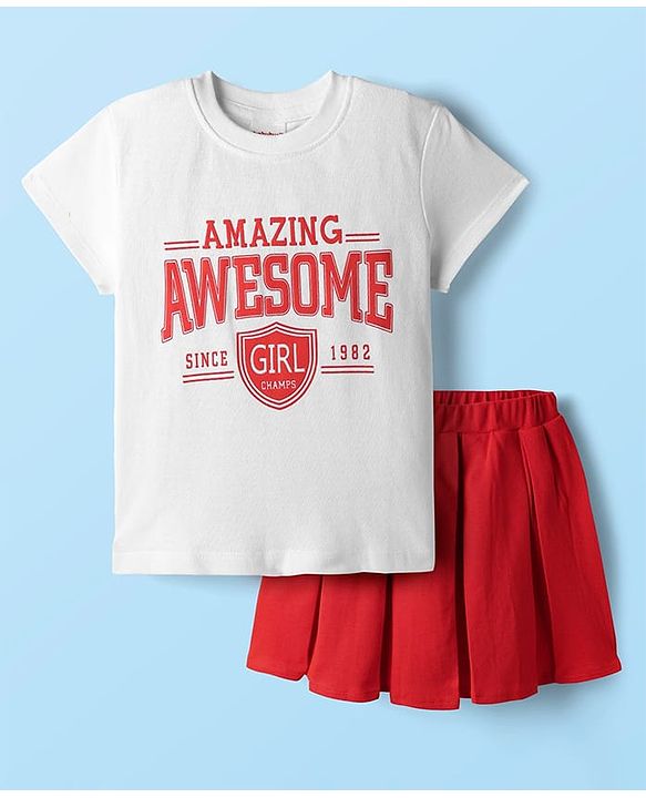 Babyhug Single Jersey Knit Half Sleeves Top & Skirt Set With Text Print - White & Red