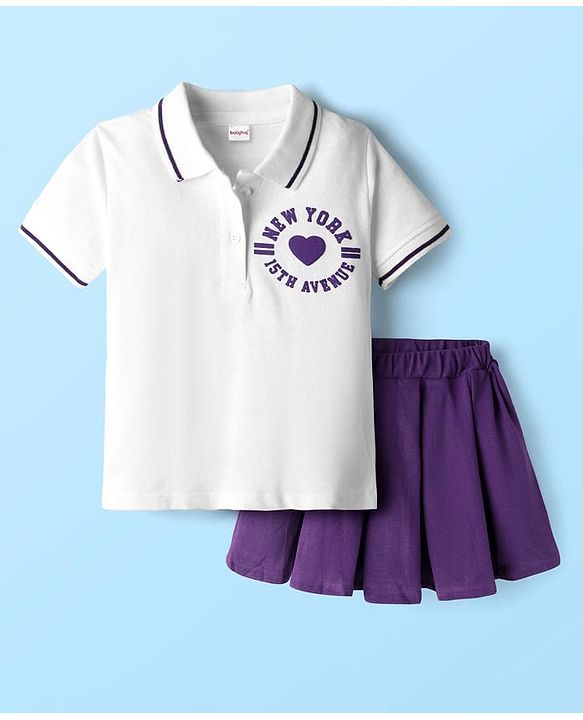 Babyhug Single Jersey Knit Half Sleeves Polo Top & Skirt Set With New York Print - White & Purple