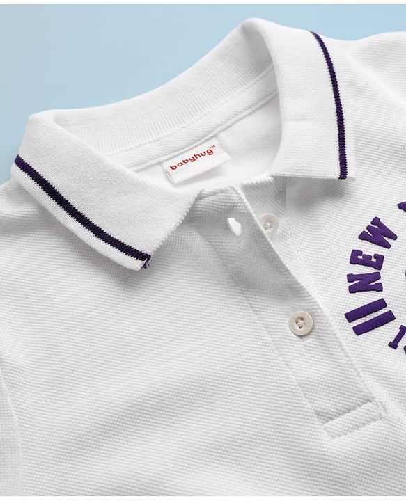 Babyhug Single Jersey Knit Half Sleeves Polo Top & Skirt Set With New York Print - White & Purple