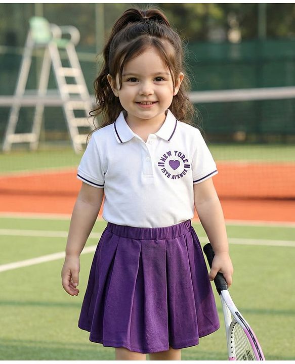 Babyhug Single Jersey Knit Half Sleeves Polo Top & Skirt Set With New York Print - White & Purple