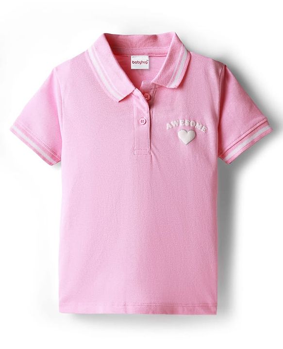 Babyhug Single Jersey Knit Half Sleeves Polo Top & Skirt Set With Heart Print - Pink
