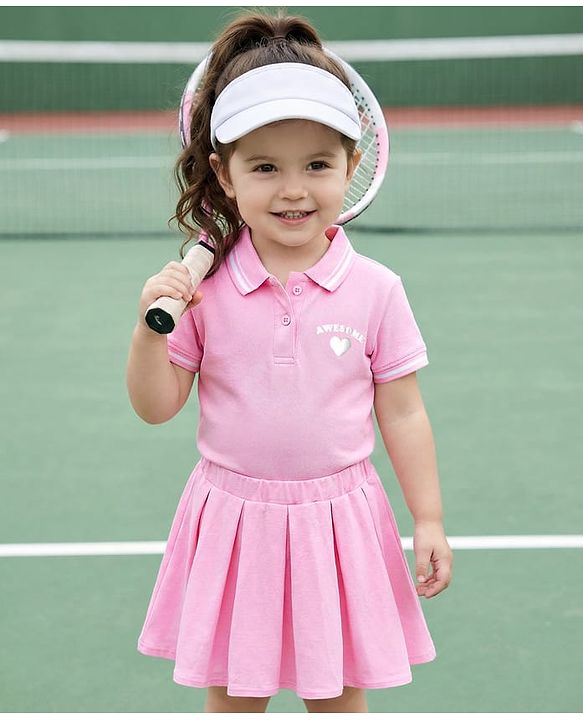 Babyhug Single Jersey Knit Half Sleeves Polo Top & Skirt Set With Heart Print - Pink