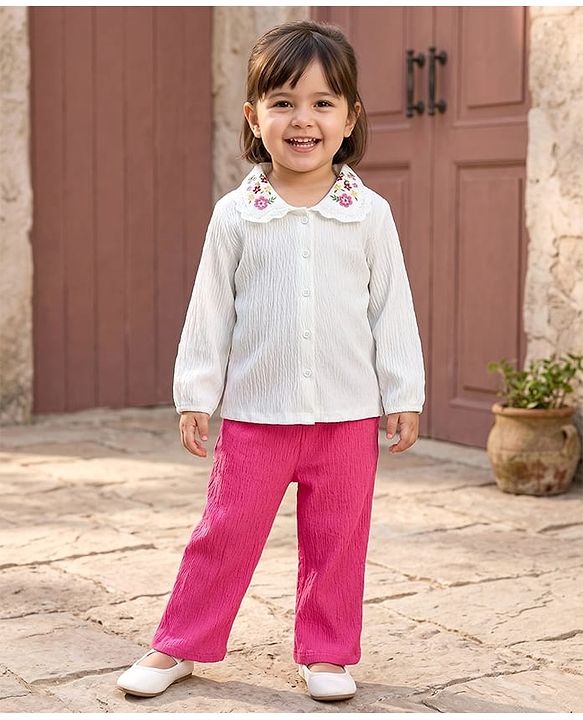 Babyhug Single Jersey Knit Full Sleeves Top & Pant Set with Floral Embroidery - White & Pink