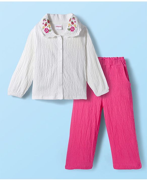Babyhug Single Jersey Knit Full Sleeves Top & Pant Set with Floral Embroidery - White & Pink