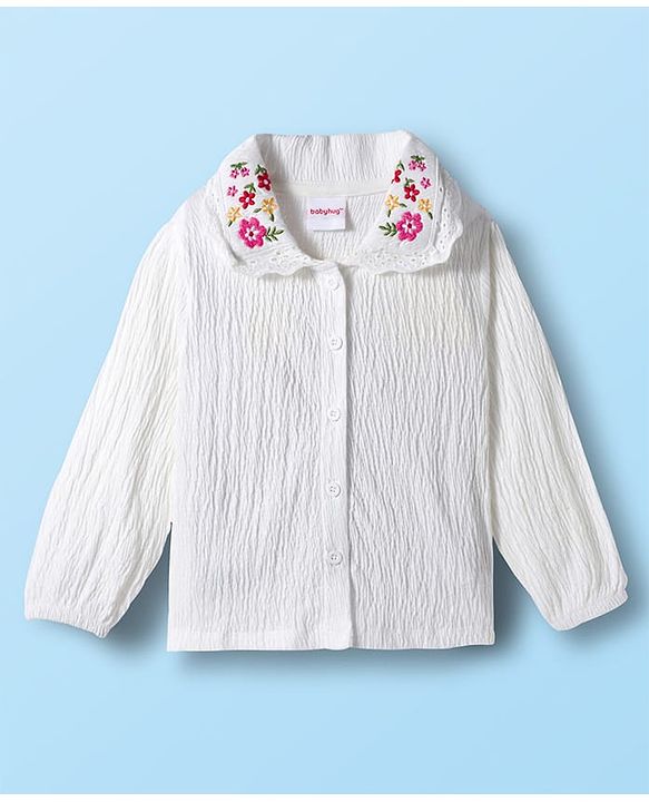 Babyhug Single Jersey Knit Full Sleeves Top & Pant Set with Floral Embroidery - White & Pink