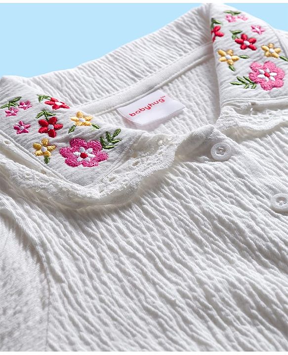 Babyhug Single Jersey Knit Full Sleeves Top & Pant Set with Floral Embroidery - White & Pink