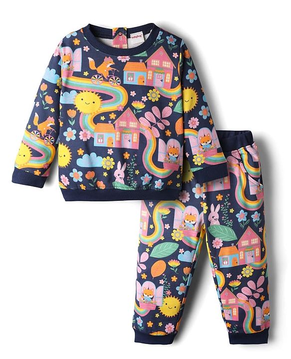 Babyhug Terry Knit Premium Light Gauge Terry Full Sleeves Top & Lounge Pant Co-Ord Set Animal & Floral Print with Back Snap Buttons - Navy Blue