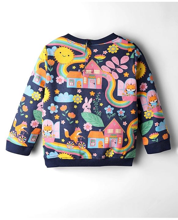 Babyhug Terry Knit Premium Light Gauge Terry Full Sleeves Top & Lounge Pant Co-Ord Set Animal & Floral Print with Back Snap Buttons - Navy Blue
