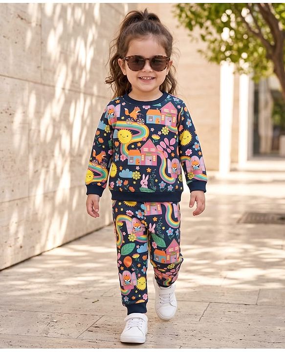 Babyhug Terry Knit Premium Light Gauge Terry Full Sleeves Top & Lounge Pant Co-Ord Set Animal & Floral Print with Back Snap Buttons - Navy Blue