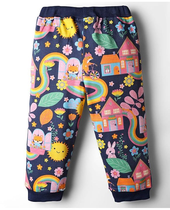 Babyhug Terry Knit Premium Light Gauge Terry Full Sleeves Top & Lounge Pant Co-Ord Set Animal & Floral Print with Back Snap Buttons - Navy Blue