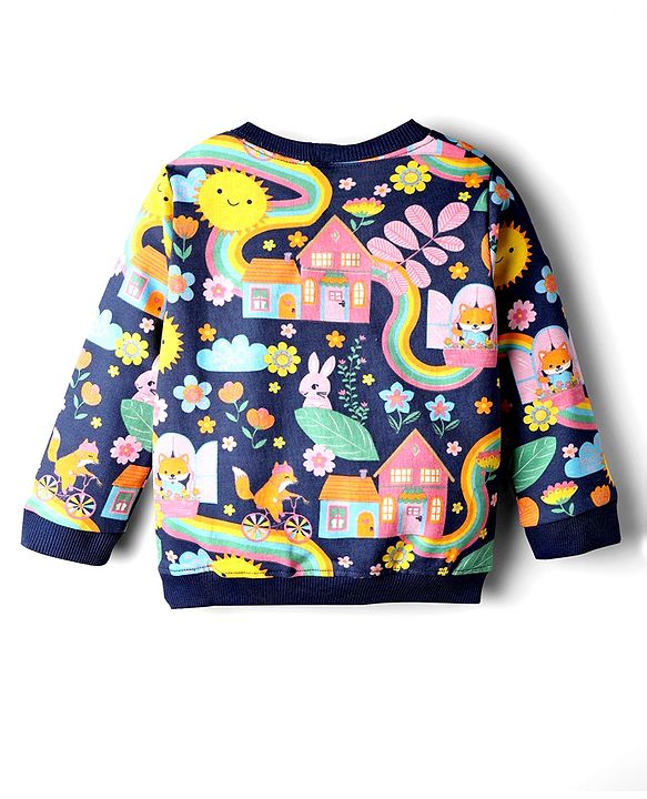 Babyhug Terry Knit Premium Light Gauge Terry Full Sleeves Top & Lounge Pant Co-Ord Set Animal & Floral Print with Back Snap Buttons - Navy Blue