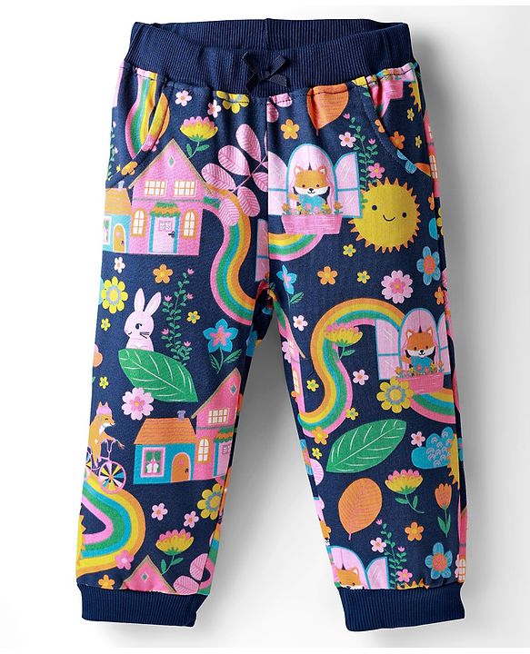 Babyhug Terry Knit Premium Light Gauge Terry Full Sleeves Top & Lounge Pant Co-Ord Set Animal & Floral Print with Back Snap Buttons - Navy Blue