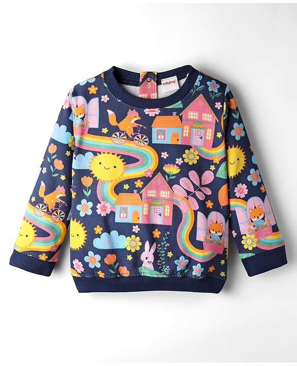 Babyhug Terry Knit Premium Light Gauge Terry Full Sleeves Top & Lounge Pant Co-Ord Set Animal & Floral Print with Back Snap Buttons - Navy Blue