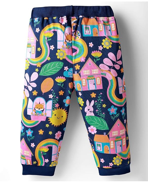 Babyhug Terry Knit Premium Light Gauge Terry Full Sleeves Top & Lounge Pant Co-Ord Set Animal & Floral Print with Back Snap Buttons - Navy Blue