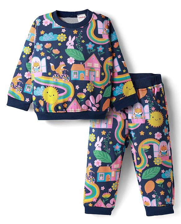 Babyhug Terry Knit Premium Light Gauge Terry Full Sleeves Top & Lounge Pant Co-Ord Set Animal & Floral Print with Back Snap Buttons - Navy Blue