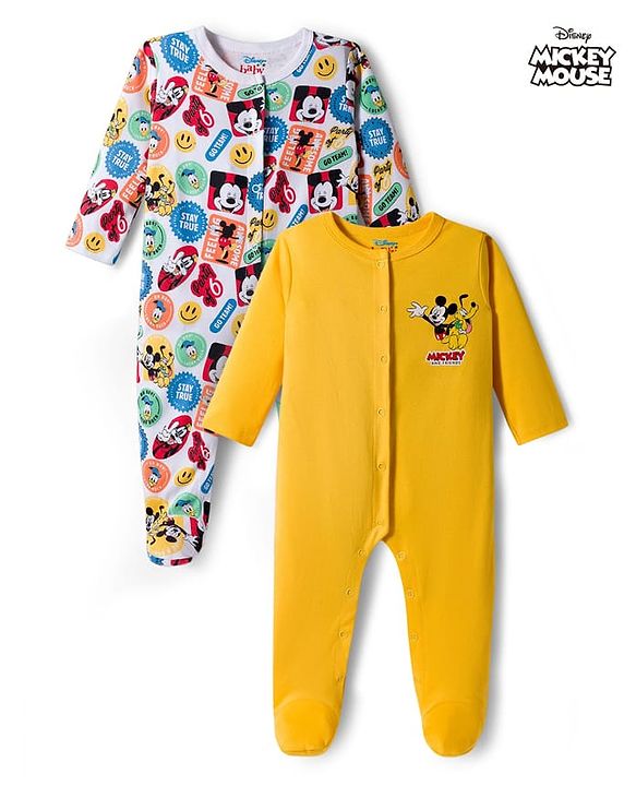 Babyhug Disney Interlock Knit Full Sleeves Sleepsuit With Mickey & Friends Print Pack Of 2 - Yellow & White