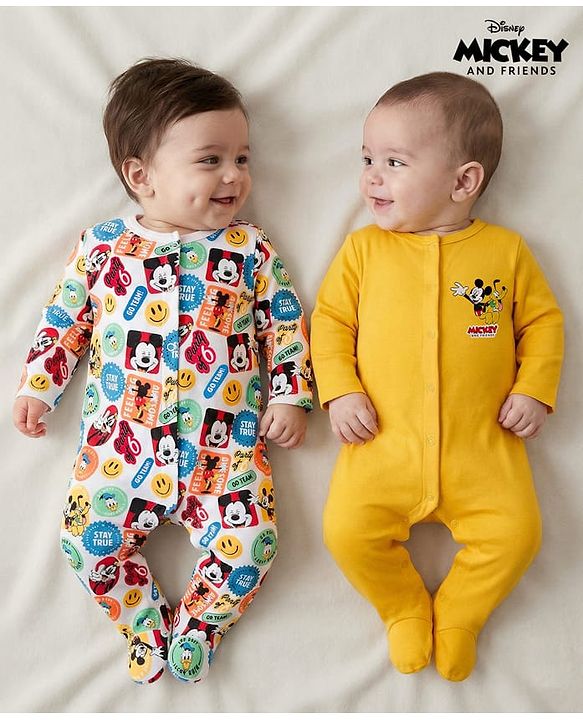 Babyhug Disney Interlock Knit Full Sleeves Sleepsuit With Mickey & Friends Print Pack Of 2 - Yellow & White
