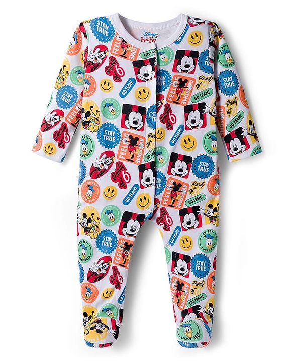 Babyhug Disney Interlock Knit Full Sleeves Sleepsuit With Mickey & Friends Print Pack Of 2 - Yellow & White