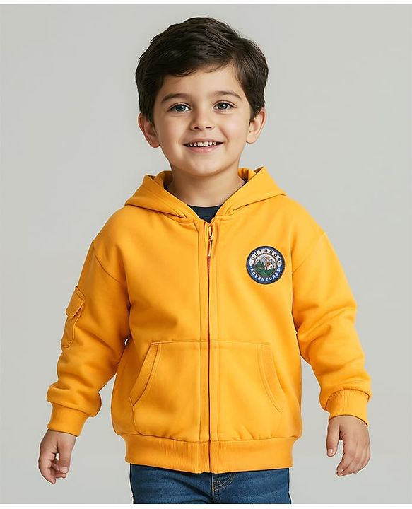 Babyhug Cotton Knit Full Sleeves Hooded Sweatjacket With Patch Detailing & Kangaroo Pockets - Yellow
