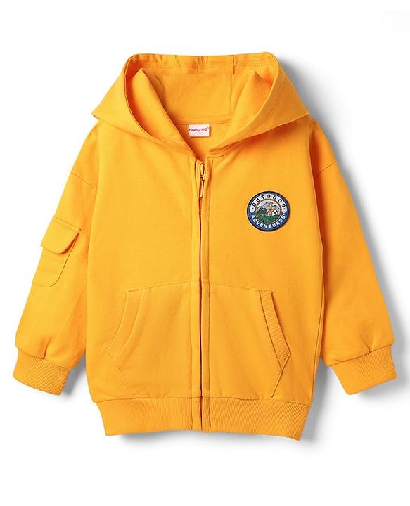 Babyhug Cotton Knit Full Sleeves Hooded Sweatjacket With Patch Detailing & Kangaroo Pockets - Yellow