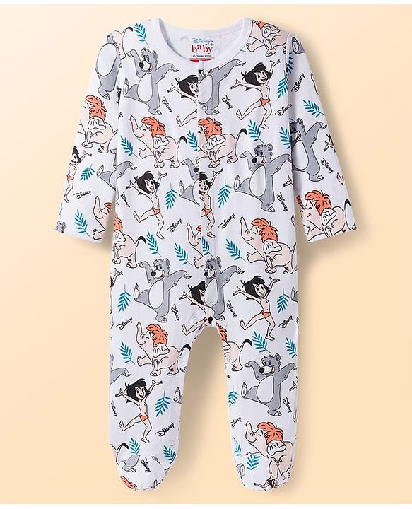 Babyhug Disney Interlock Knit Full Sleeves Footed Sleepsuit With Jungle Book Graphics Pack of 2 - Blue & White