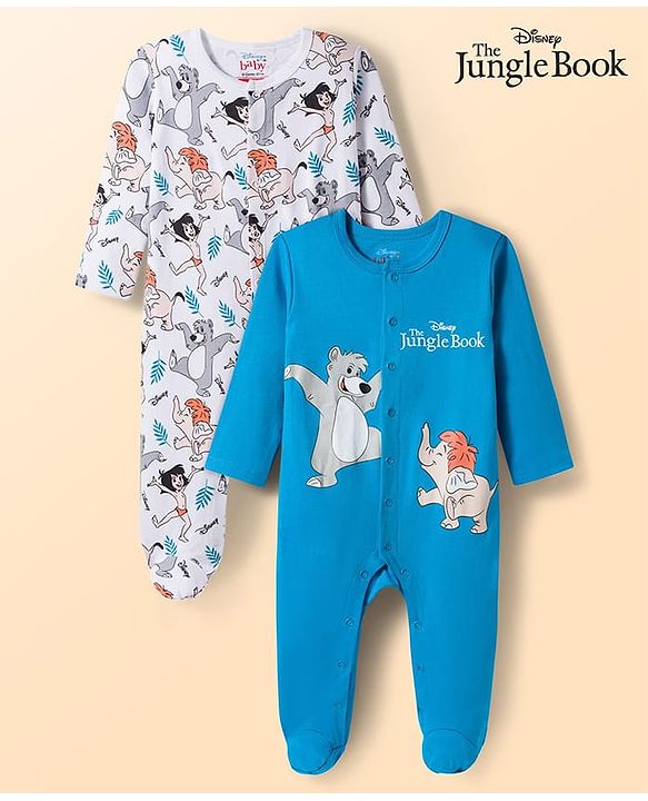 Babyhug Disney Interlock Knit Full Sleeves Footed Sleepsuit With Jungle Book Graphics Pack of 2 - Blue & White