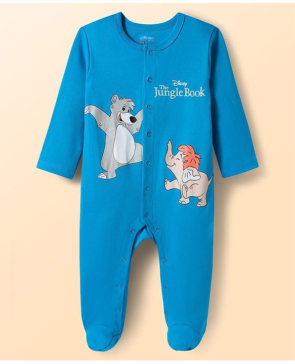 Babyhug Disney Interlock Knit Full Sleeves Footed Sleepsuit With Jungle Book Graphics Pack of 2 - Blue & White