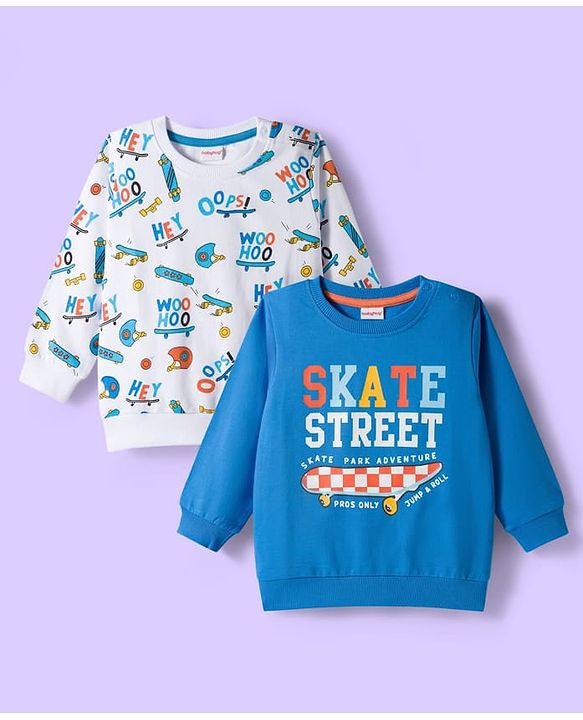 Babyhug Cotton Knit Full Sleeves Sweatshirts With Skateboarding Print Pack of 2 - Blue & White