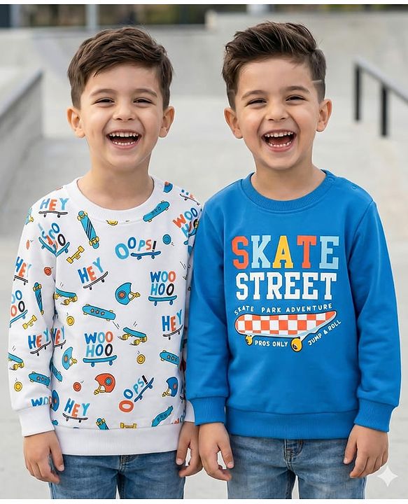 Babyhug Cotton Knit Full Sleeves Sweatshirts With Skateboarding Print Pack of 2 - Blue & White