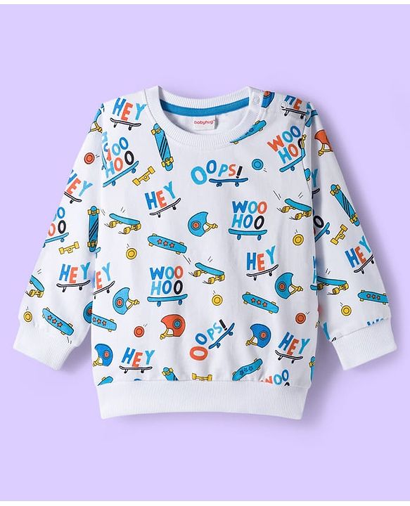 Babyhug Cotton Knit Full Sleeves Sweatshirts With Skateboarding Print Pack of 2 - Blue & White
