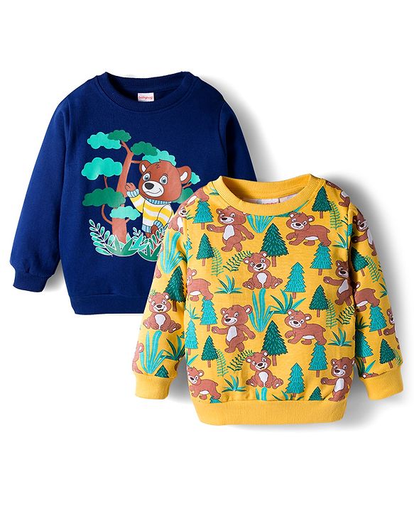 Babyhug Cotton Knit Full Sleeves Sweatshirts With Teddy Bear Graphics Pack of 2 - Yellow & Navy Blue