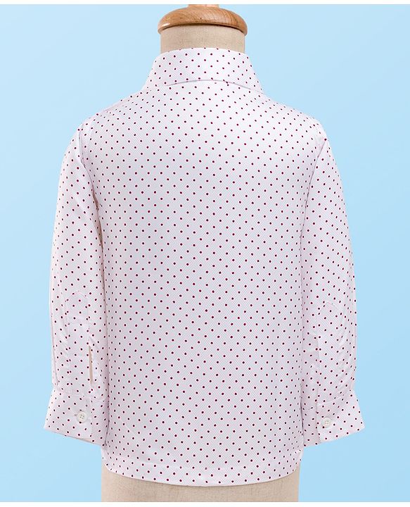 Babyhug Full Sleeves Party Suit With Velvet Waistcoat & Polka Dot Printed Shirt With Knit Pant & Bow - Maroon & White