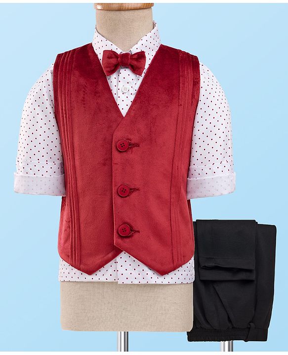 Babyhug Full Sleeves Party Suit With Velvet Waistcoat & Polka Dot Printed Shirt With Knit Pant & Bow - Maroon & White