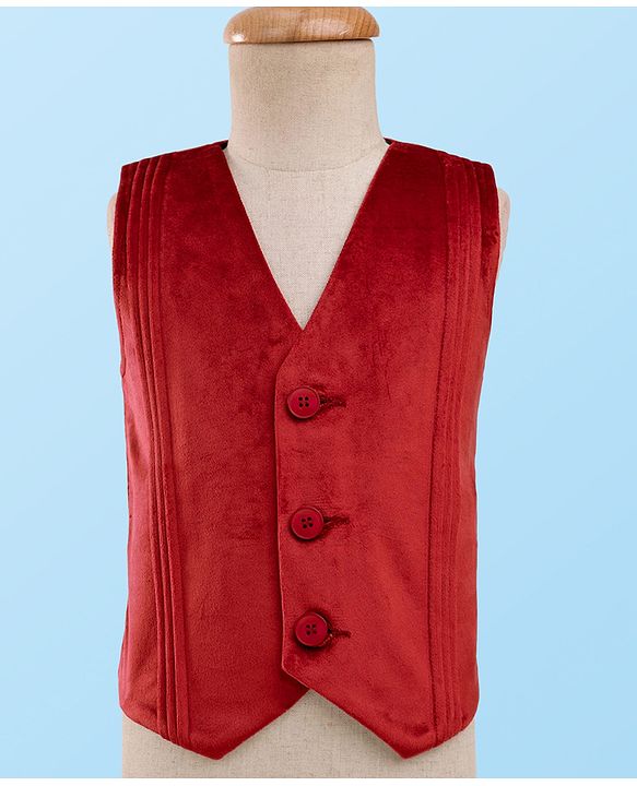 Babyhug Full Sleeves Party Suit With Velvet Waistcoat & Polka Dot Printed Shirt With Knit Pant & Bow - Maroon & White