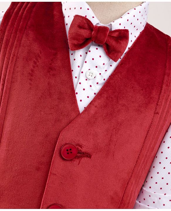 Babyhug Full Sleeves Party Suit With Velvet Waistcoat & Polka Dot Printed Shirt With Knit Pant & Bow - Maroon & White