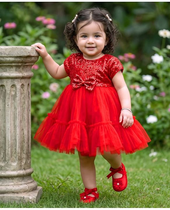 Babyhug Mesh Woven Cap Sleeves Party Dress With Sequinned Yoke & Booties - Red