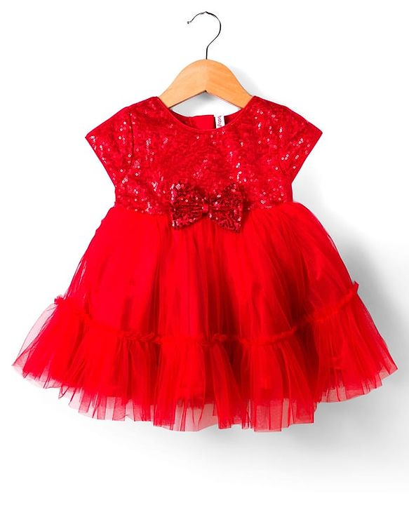 Babyhug Mesh Woven Cap Sleeves Party Dress With Sequinned Yoke & Booties - Red