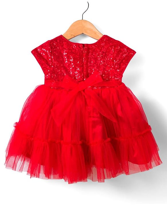 Babyhug Mesh Woven Cap Sleeves Party Dress With Sequinned Yoke & Booties - Red