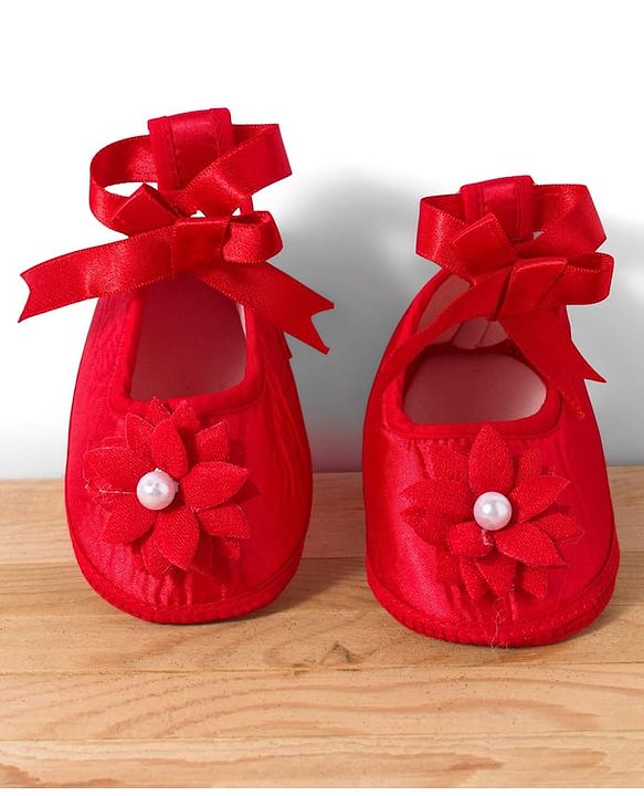 Babyhug Mesh Woven Cap Sleeves Party Dress With Sequinned Yoke & Booties - Red
