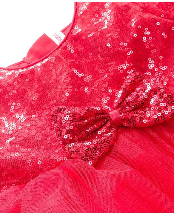 Babyhug Mesh Woven Cap Sleeves Party Dress With Sequinned Yoke & Booties - Red