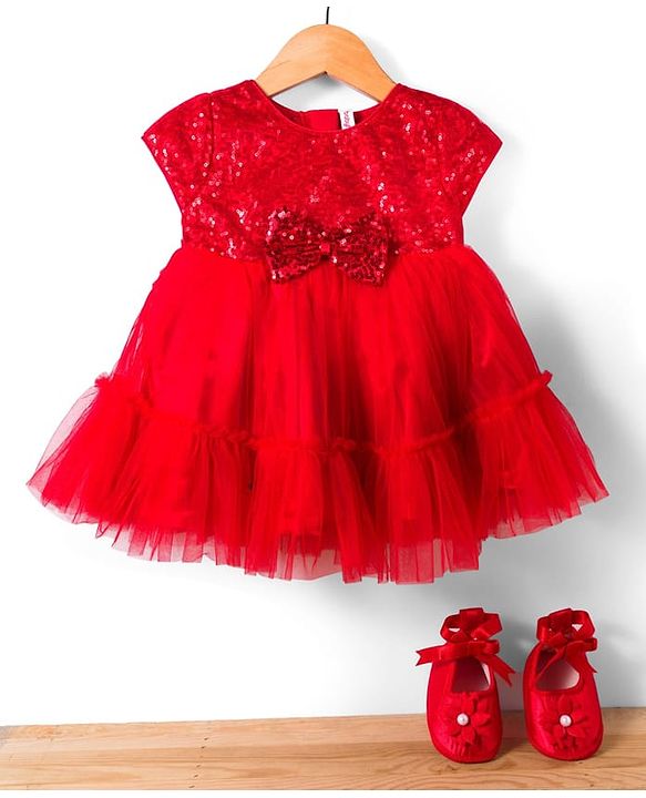 Babyhug Mesh Woven Cap Sleeves Party Dress With Sequinned Yoke & Booties - Red
