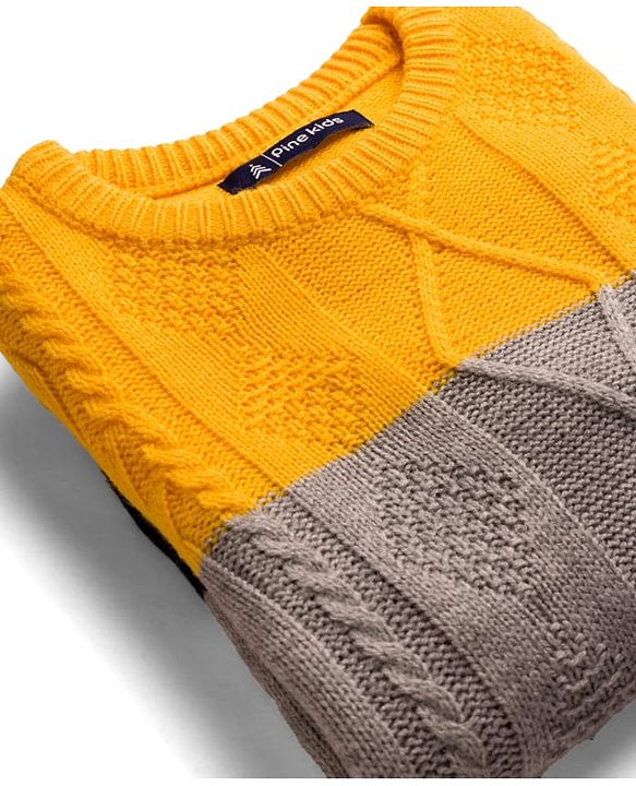 Pine Kids Knit Full Sleeves Pullover Sweater with Color Block & Cable Knit Design - Yellow Grey & Black