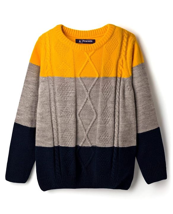 Pine Kids Knit Full Sleeves Pullover Sweater with Color Block & Cable Knit Design - Yellow Grey & Black