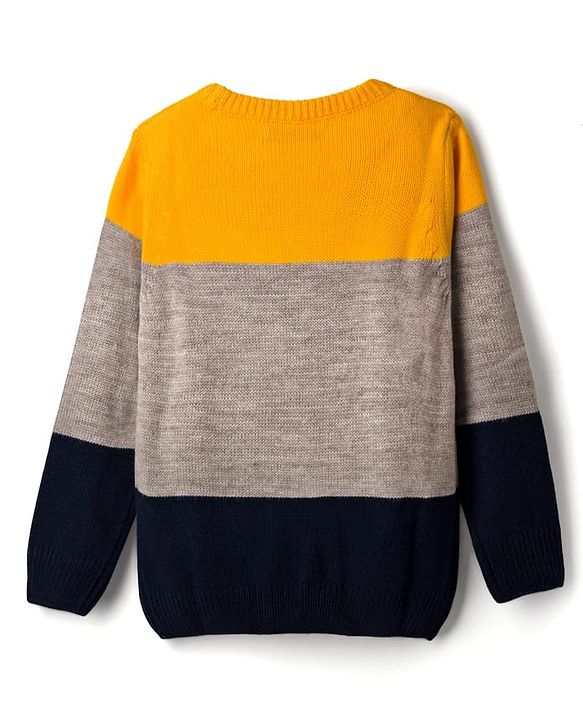 Pine Kids Knit Full Sleeves Pullover Sweater with Color Block & Cable Knit Design - Yellow Grey & Black
