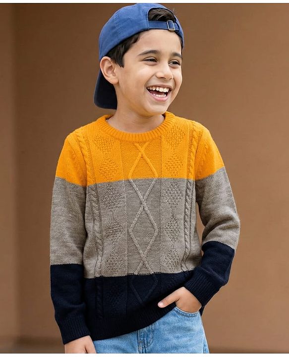 Pine Kids Knit Full Sleeves Pullover Sweater with Color Block & Cable Knit Design - Yellow Grey & Black