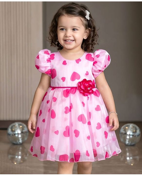 Babyhug 5 Layers Printed Premium Glass Nylon Fabric With Cotton Lining Half Sleeves Party Dress With Heart Print & Corsage - Light Pink