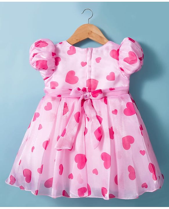 Babyhug 5 Layers Printed Premium Glass Nylon Fabric With Cotton Lining Half Sleeves Party Dress With Heart Print & Corsage - Light Pink