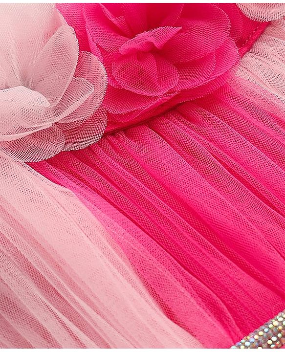 Babyhug 5 layer with Cotton Lining  Mesh Sleeveless Flared Partywear Dress With Floral Corsage and waist belt - Dark Pink