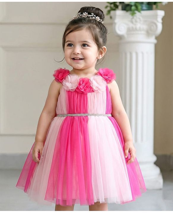 Babyhug 5 layer with Cotton Lining  Mesh Sleeveless Flared Partywear Dress With Floral Corsage and waist belt - Dark Pink